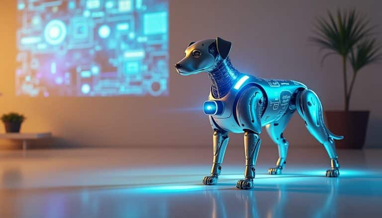 découvrez le chien robot innovant qui projette des images sur le mur grâce à son pico-projecteur intégré, alliant technologie et divertissement.